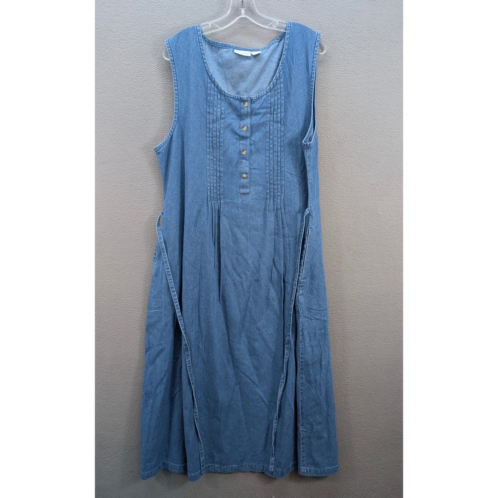 Vermont Country Store Denim Sleeveless Midi Dress XL Blue Cotton Pintuck Jumper - Picture 2 of 12